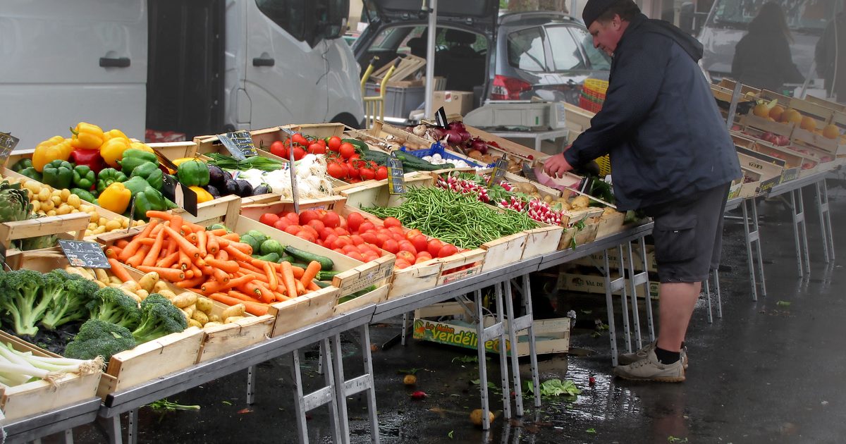 Étal de primeur sur un marché de rue, cagettes de fruits et légumes