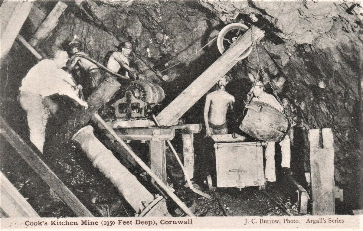 Miners underground at the Cook’s Kitchen tin mine, Cornwall