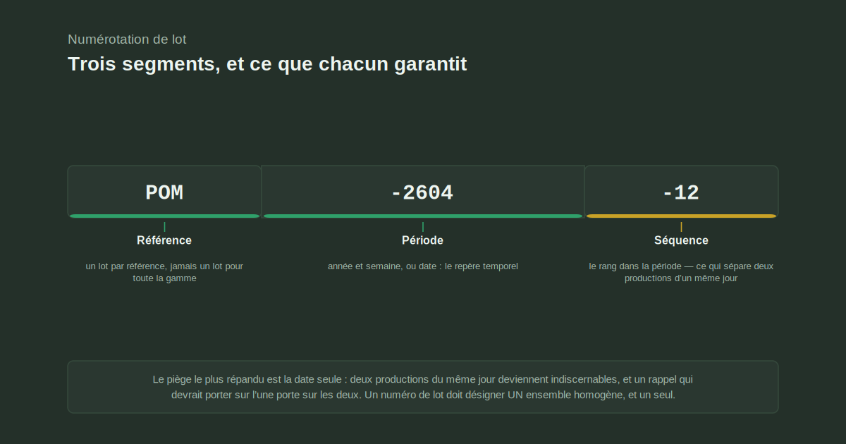 Décomposition d’un numéro de lot en trois segments contigus : POM pour la référence, -2604 pour la période, -12 pour la séquence dans cette période, chacun avec ce qu’il garantit.