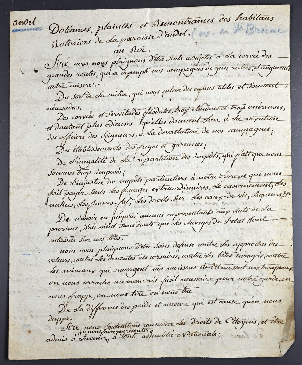 First handwritten page of the grievance book of the parish of Andel, 1788-1789