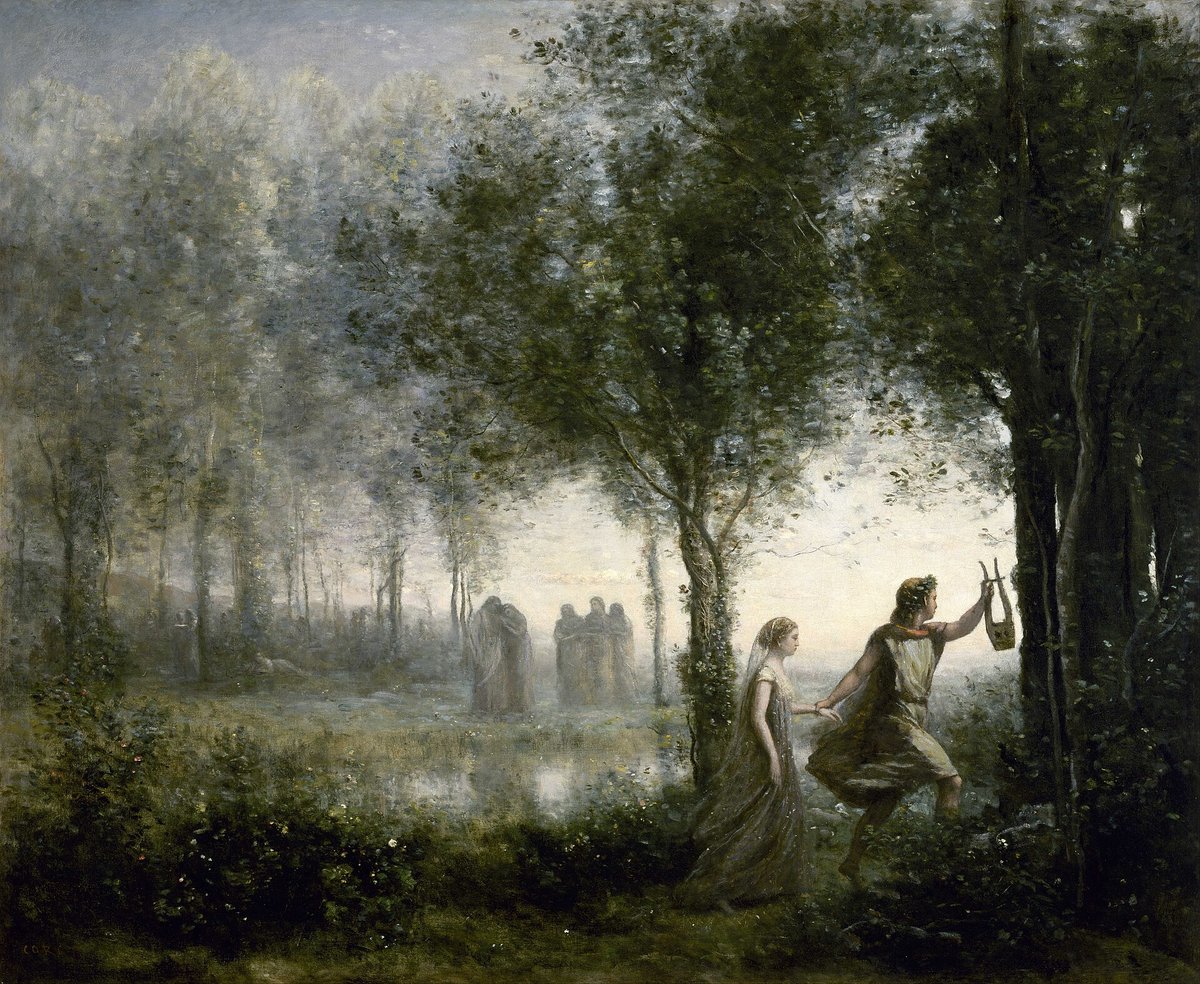 Orphée conduisant Eurydice hors des Enfers, lyre à la main, dans une forêt embrumée où se devinent des ombres
